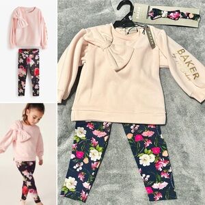New Ted Baker Girls Logo Pink Bow Sweater Floral Leggings 3pc Set 24 Months Baby